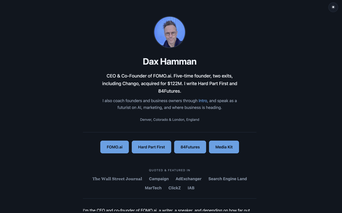 Screenshot of dax.fyi, Dax Hamman's profile